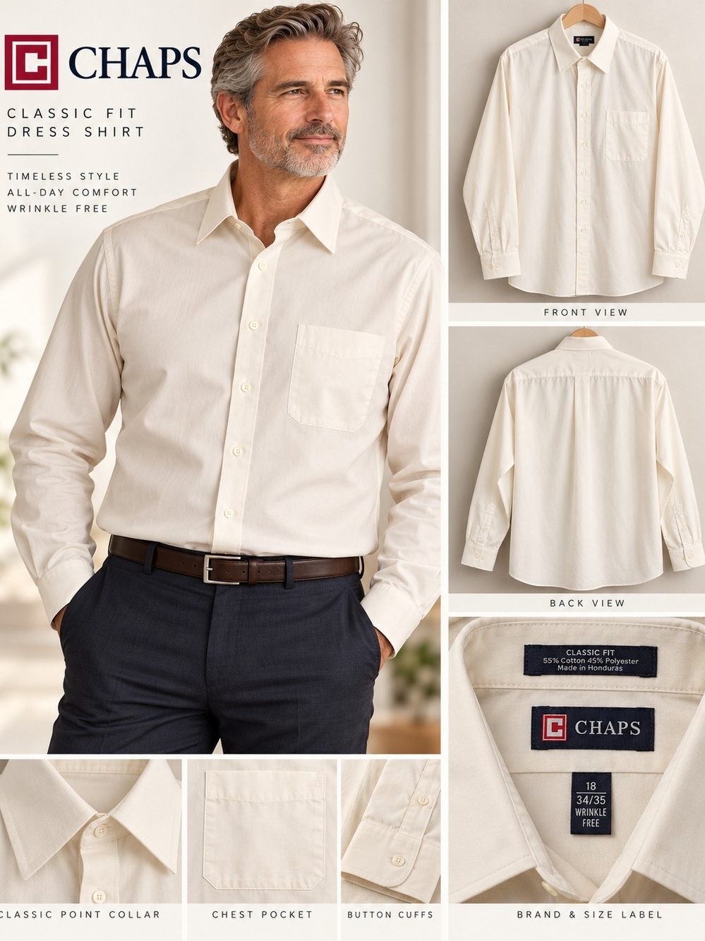 Chaps Classic Fit Wrinkle Free Ecru Dress Shirt 18 34/35